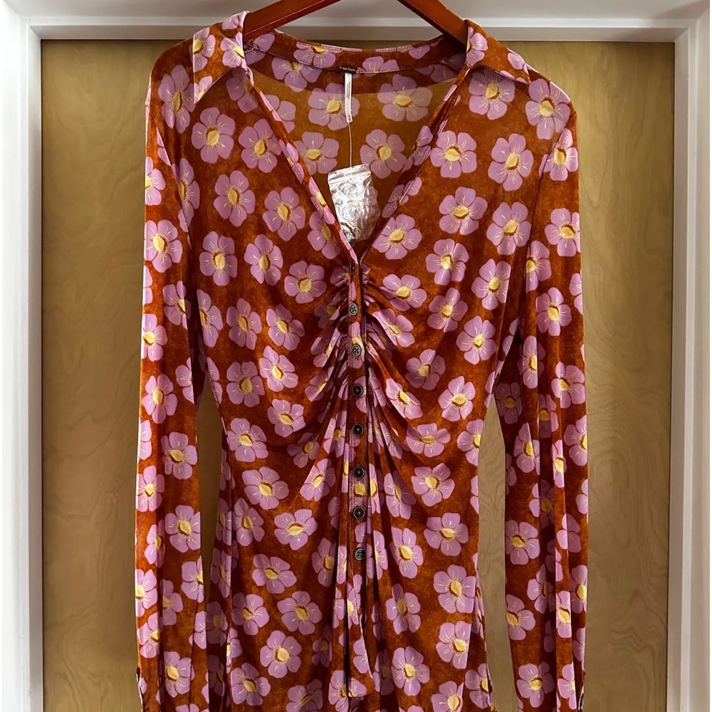 Free People Floral Blouse in Rust and Pink